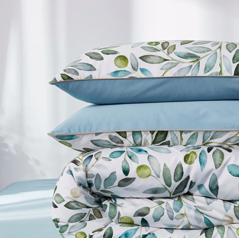 Постельное белье ЕВРО (двуспалка) Египедский Хлопок Листья на белом