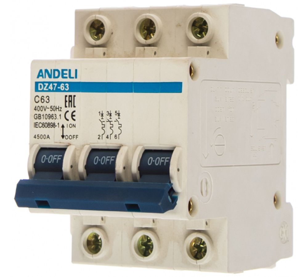 Автоматический выключатель ANDELI DZ47-63/3P 63A 4.5kA х-ка C