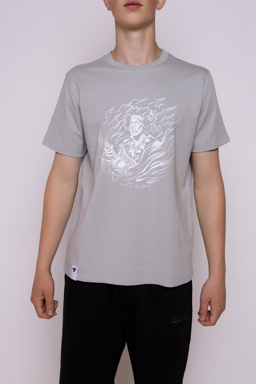 Футболка серо-голубая классическая с принтом "Jimi Hendrix. The guitarist"