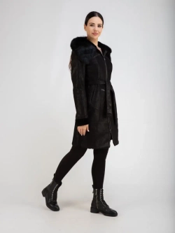 Дубленка женская натуральная с капюшоном длинная Турция