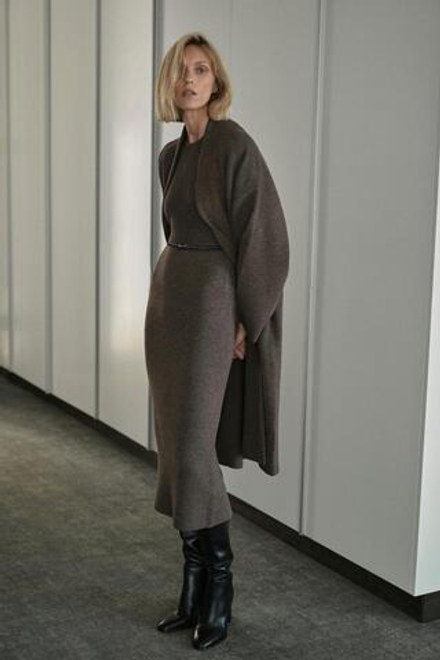 ZARA ДЛИННОЕ ТРИКОТАЖНОЕ ПАЛЬТО, СЕРОВАТО-КОРИЧНЕВЫЙ