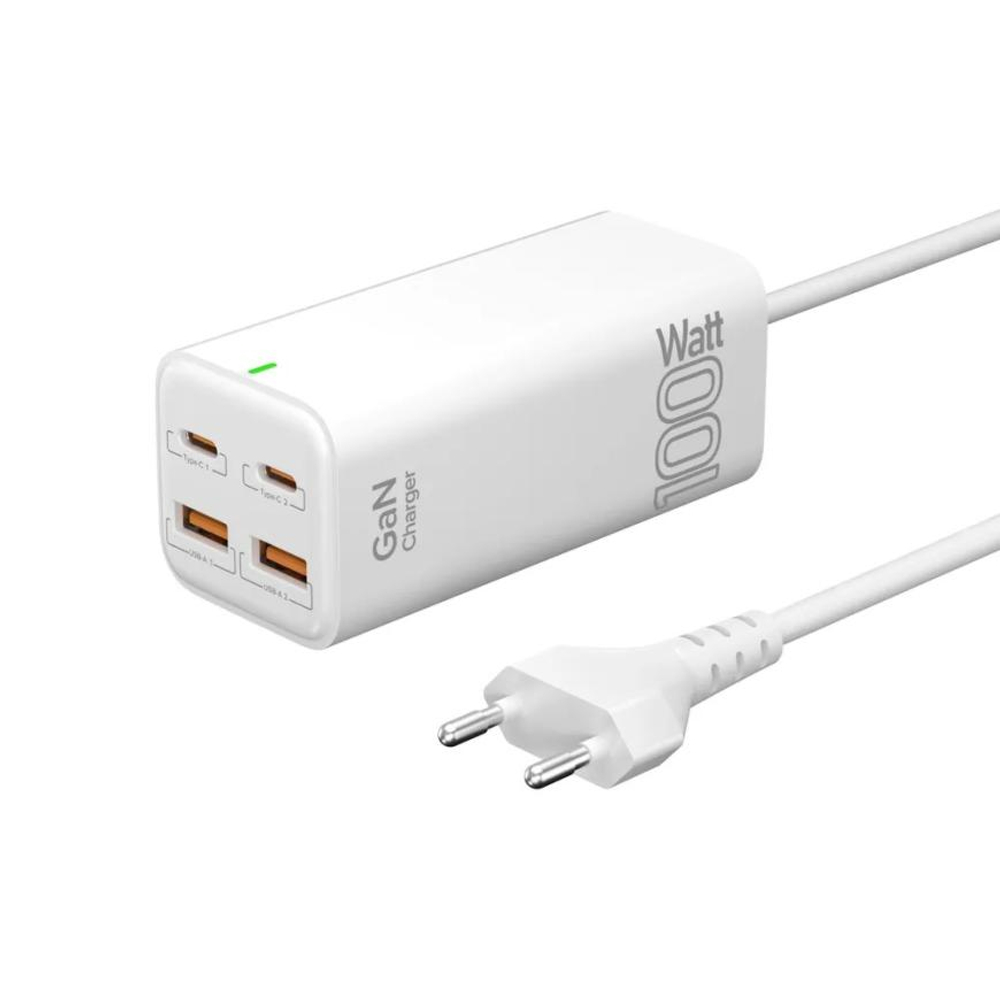 Сетевое зарядное устройство LYAMBDA мощностью 100 Вт (2 USB-C, 2 USB-A) (GaN) (SLT-100-Pro) Настольный многопортовый мощный адаптер питания. Есть поддержка PD 3.0 и QC 3.0. Есть LED-индикация