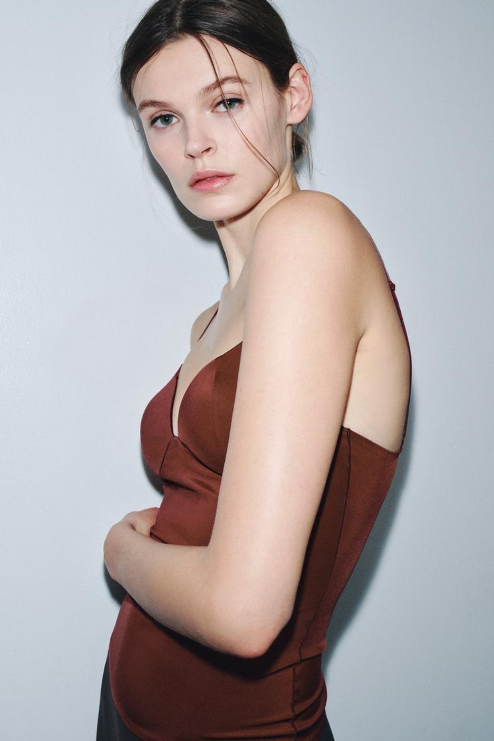 ZARA ТОП ИЗ СМЕСОВОГО ПОЛИАМИДА, ВИННЫЙ