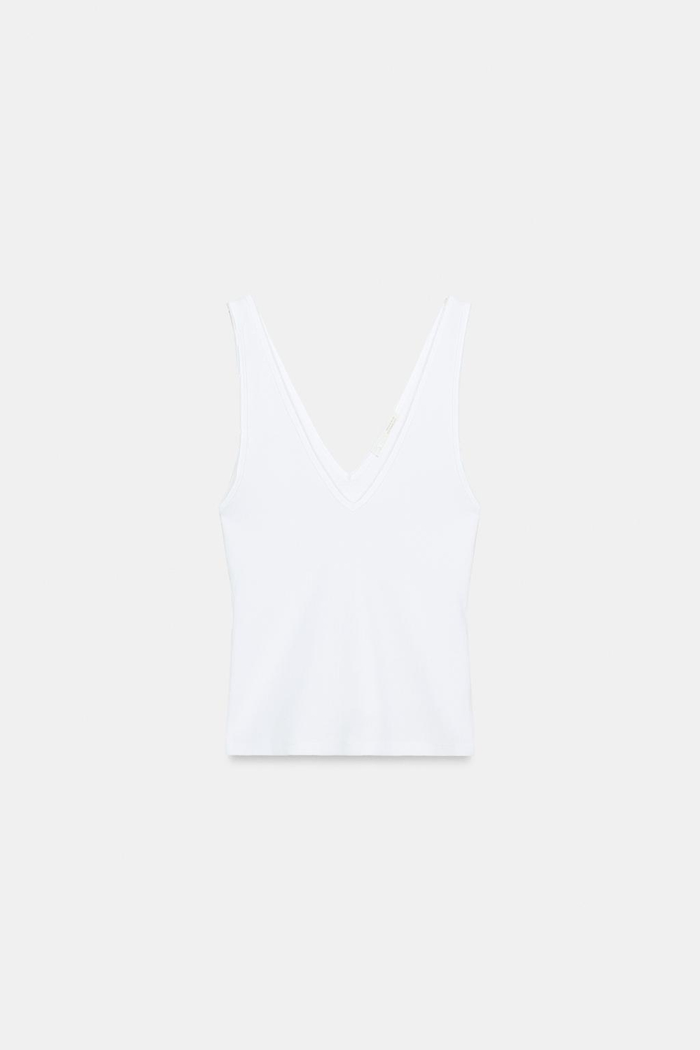 ZARA ТОП В РУБЧИК С V-ОБРАЗНЫМ ВЫРЕЗОМ, БЕЛЫЙ