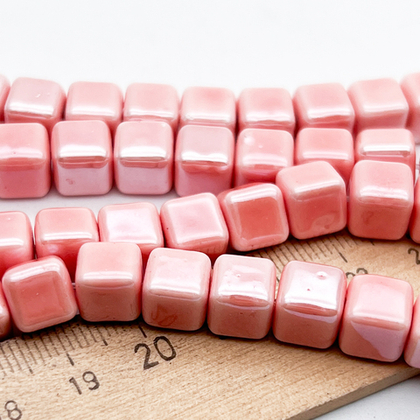 Бусина Куб, керамика, цвет розовый яркий, размер около 8,8*8,3 мм, цена за набор 9 шт