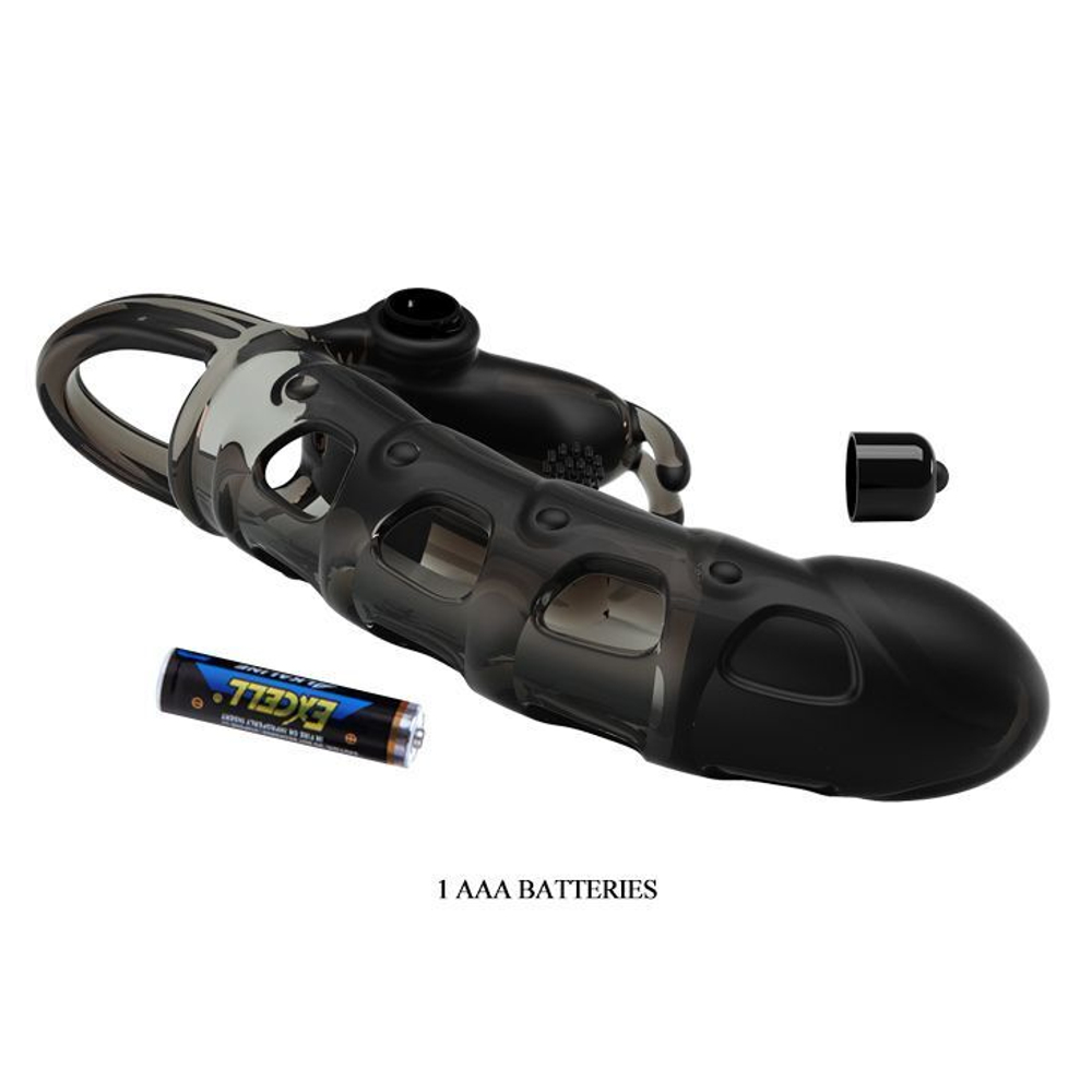 Черная закрытая насадка с подхватом мошонки и стимулятором клитора - 19,2 см. (Цвет: черный)