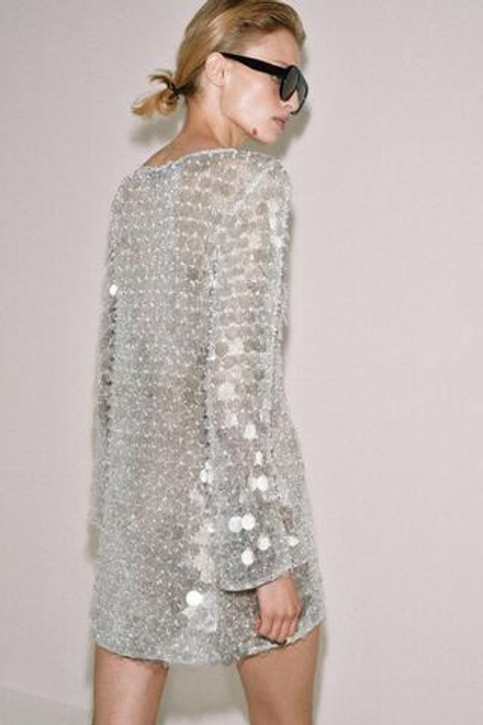 ZARA КОРОТКОЕ ТРИКОТАЖНОЕ ПЛАТЬЕ С ПАЙЕТКАМИ И БУСИНАМИ, СЕРЕБРИСТЫЙ