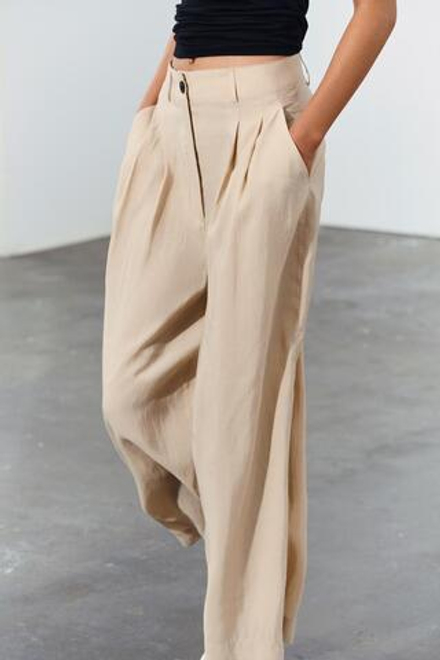 ZARA БРЮКИ С ЗАЩИПАМИ — ZW COLLECTION, БЕЖЕВЫЙ