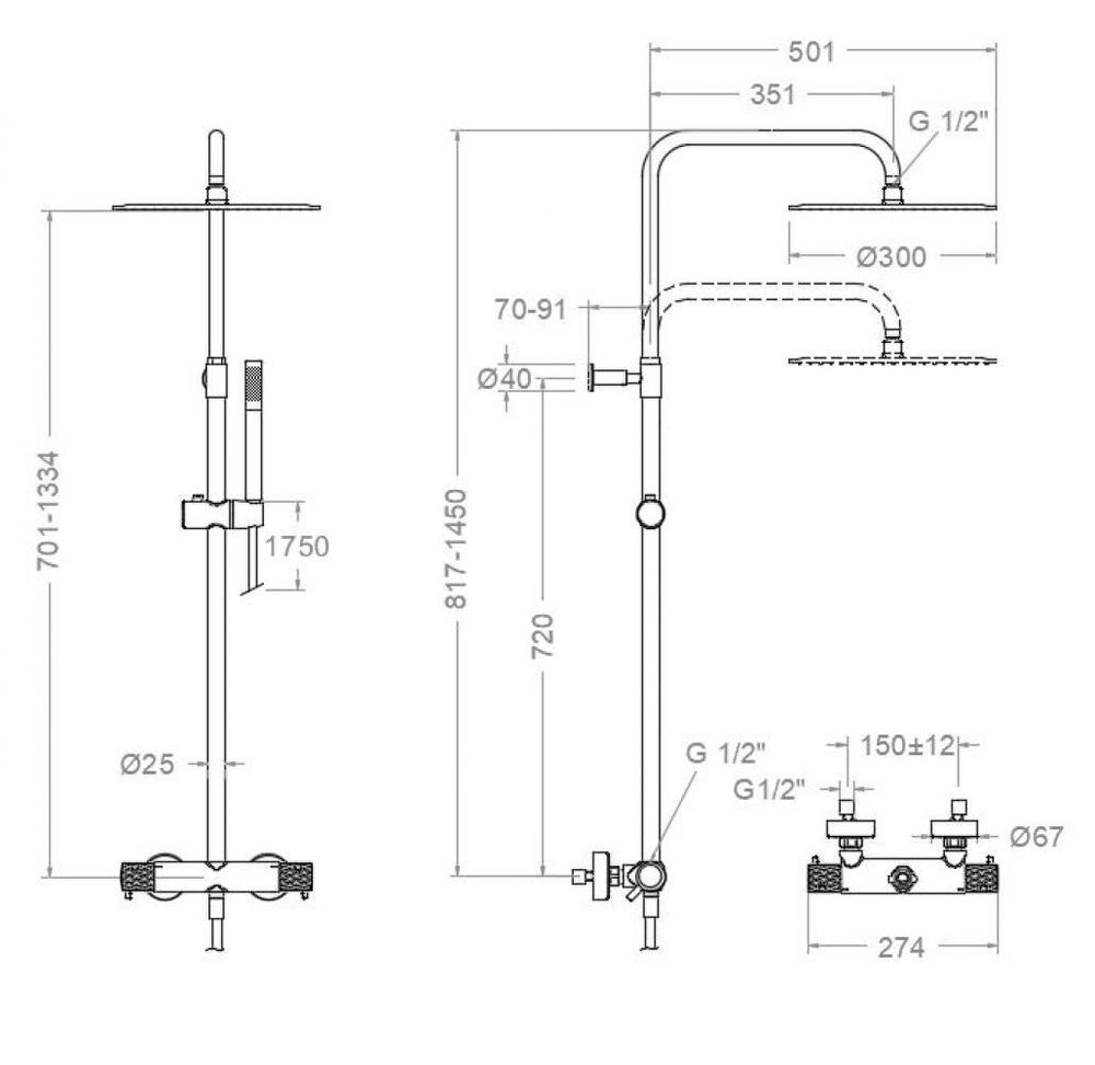 Душевая термостатическая система без излива с регулировкой высоты ODISEA JOYA 595401RM300GR графит