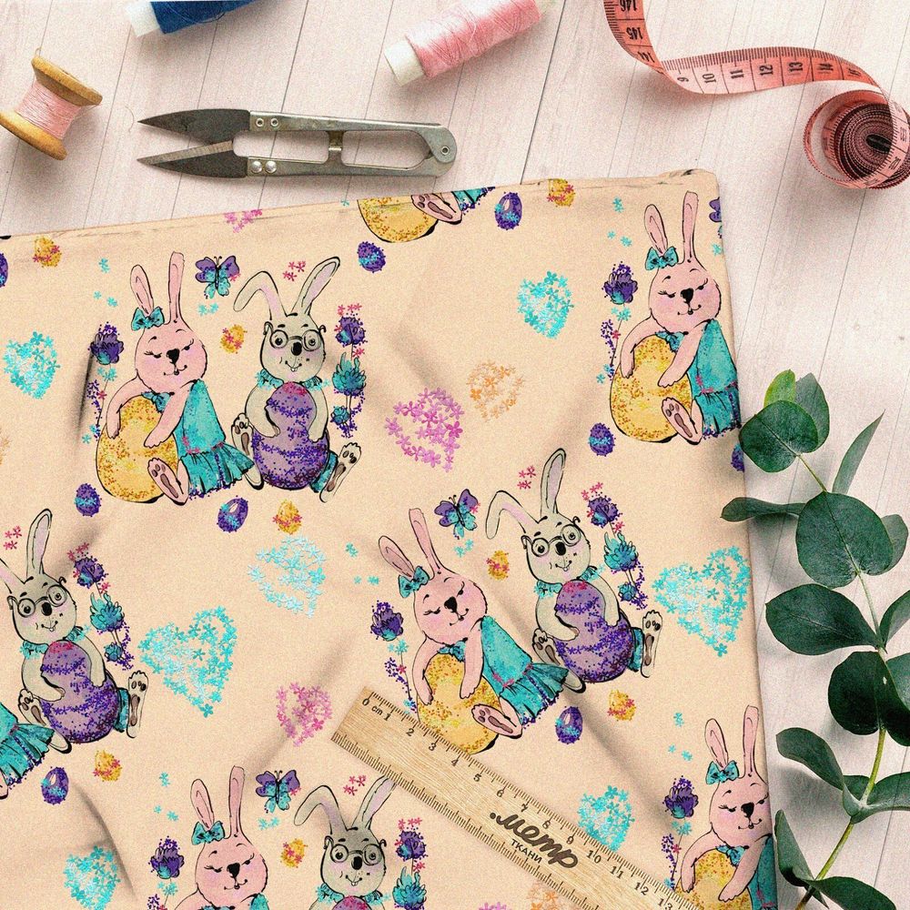 Ткань ниагара пасхальные кролики с сердечками