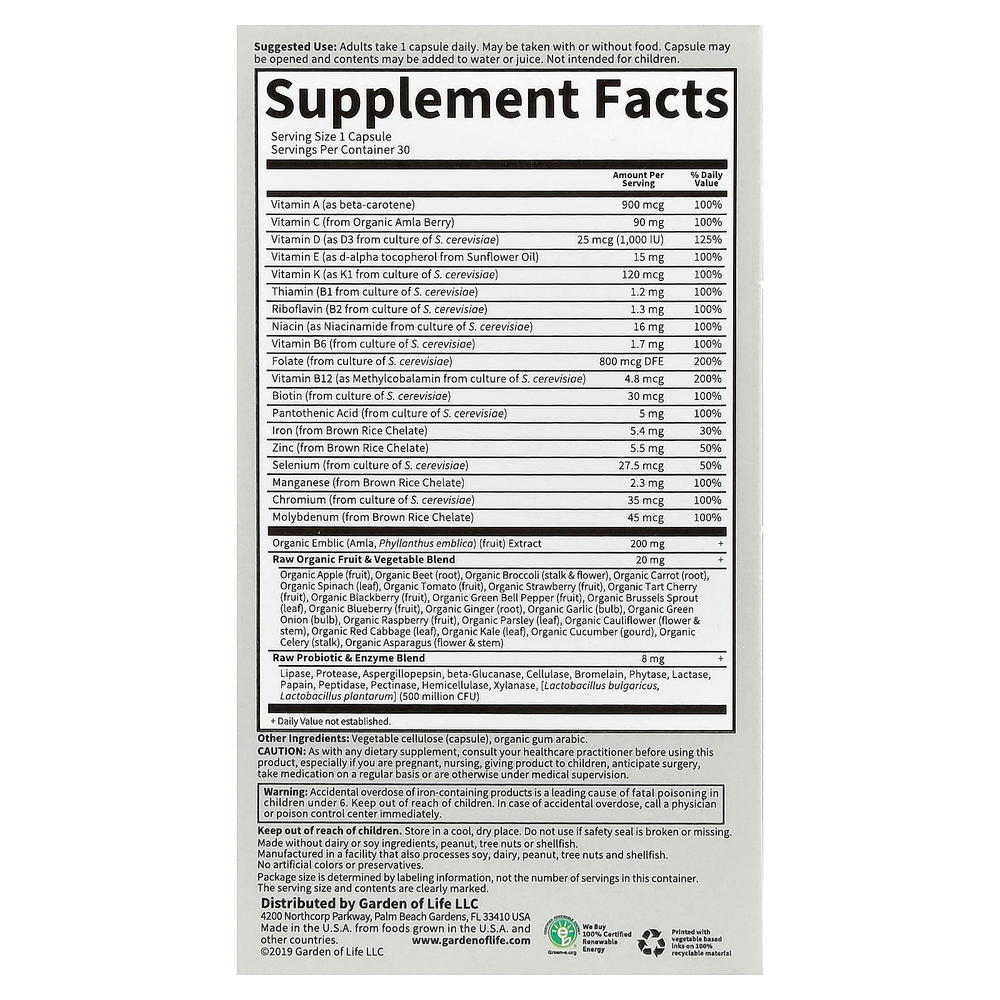 Garden of Life, Vitamin Code®, Raw One™ для женщин, 30 вегетарианских капсул