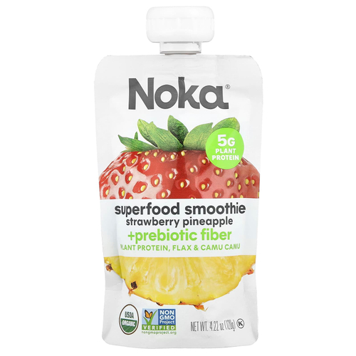 Noka, Superfood смузи с растительным белком, клубника, ананас, 120 г (4,22 унции)