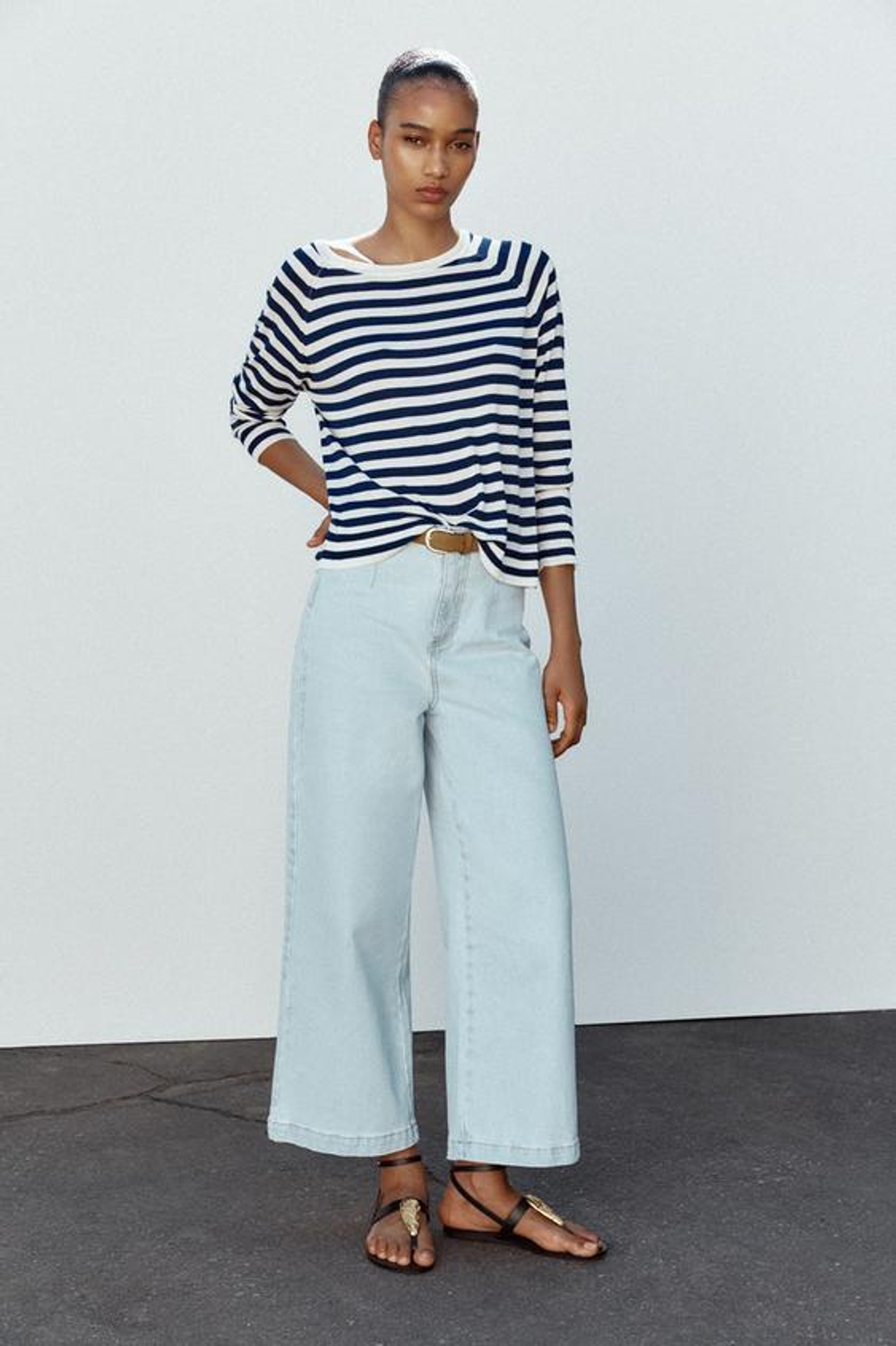 ZARA ДЖИНСЫ Z1975 WIDE LEG CROPPED С ВЫСОКОЙ ПОСАДКОЙ И РЕМНЕМ, ГОЛУБОЙ