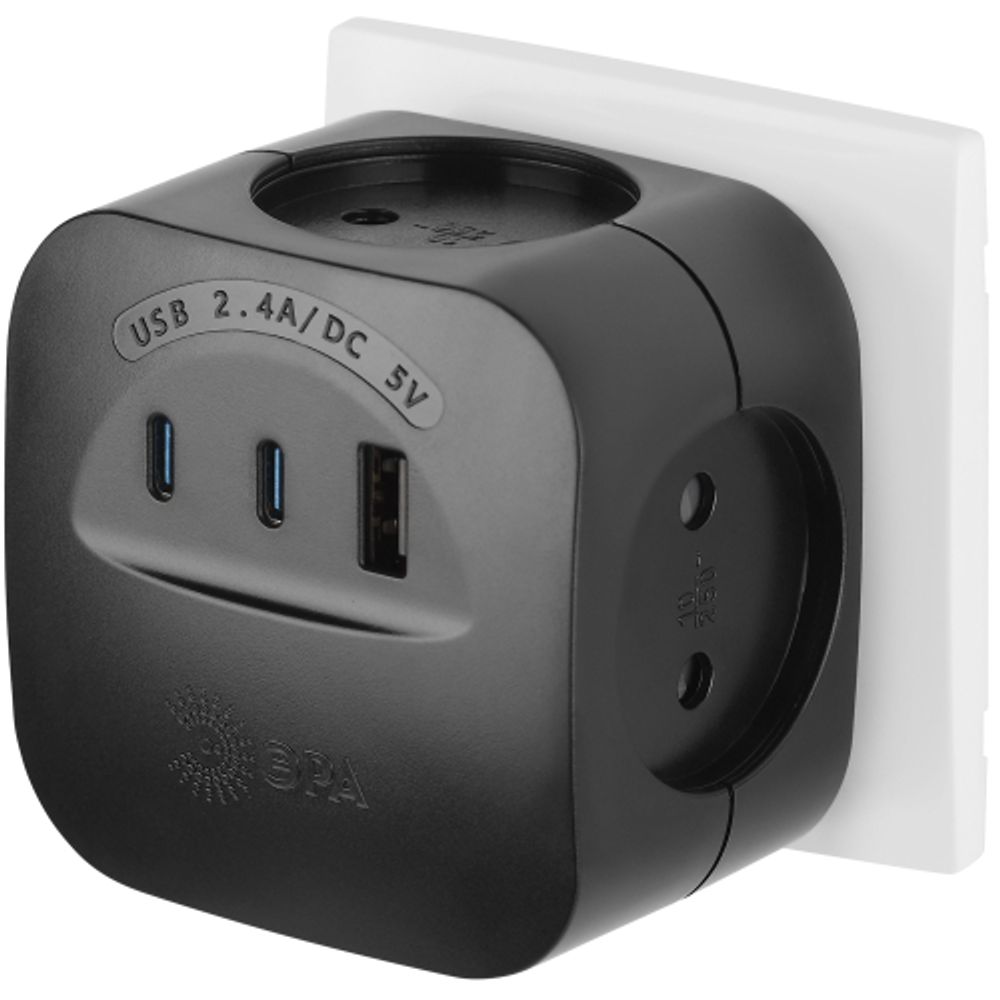 Разветвитель электрический ЭРА SP-4-3USBAC-B на 4 розетки + 3 USB A+C со шторками 10А черный | Тройники