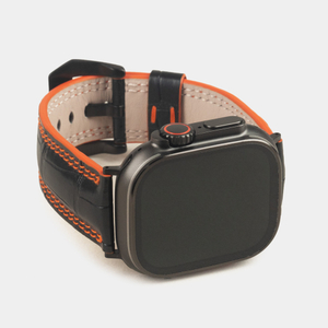 Ремешок для Apple Watch Ultra 49mm из кожи крокодила черного цвета с оранжевой строчкой