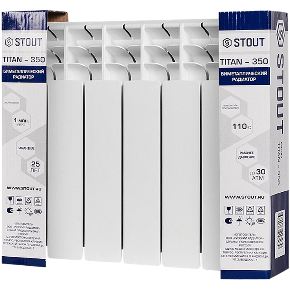 Радиатор биметаллический STOUT TITAN 350 - 6 секций (подключение боковое, цвет белый)