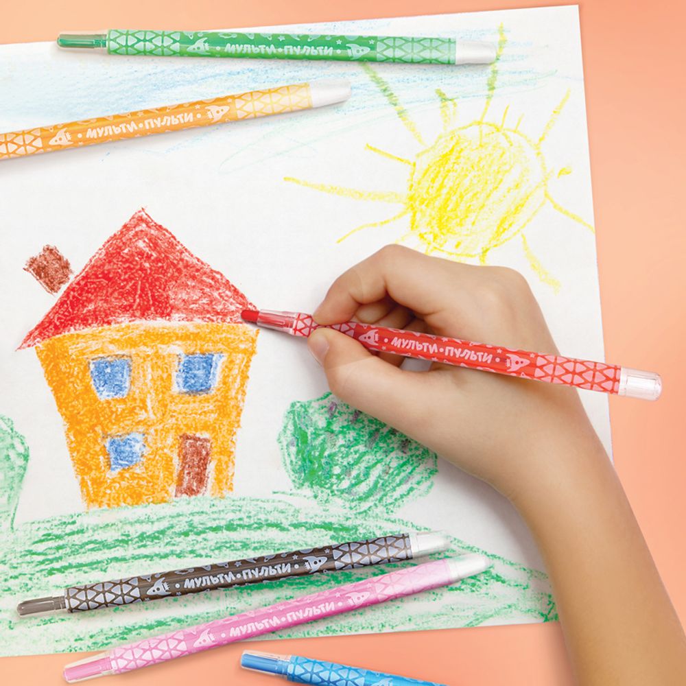 Мелки восковые выкручивающиеся Мульти-Пульти, "Енот в космосе", 12 цветов, круглые, ПВХ чехол, европодвес