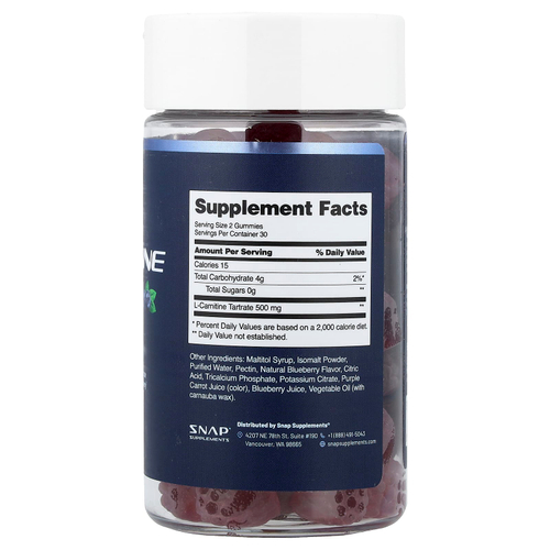 Snap Supplements, L-карнитин, жевательные таблетки, со вкусом голубики, без сахара, 60 жевательных таблеток (250 мг в 1 жевательной таблетке)