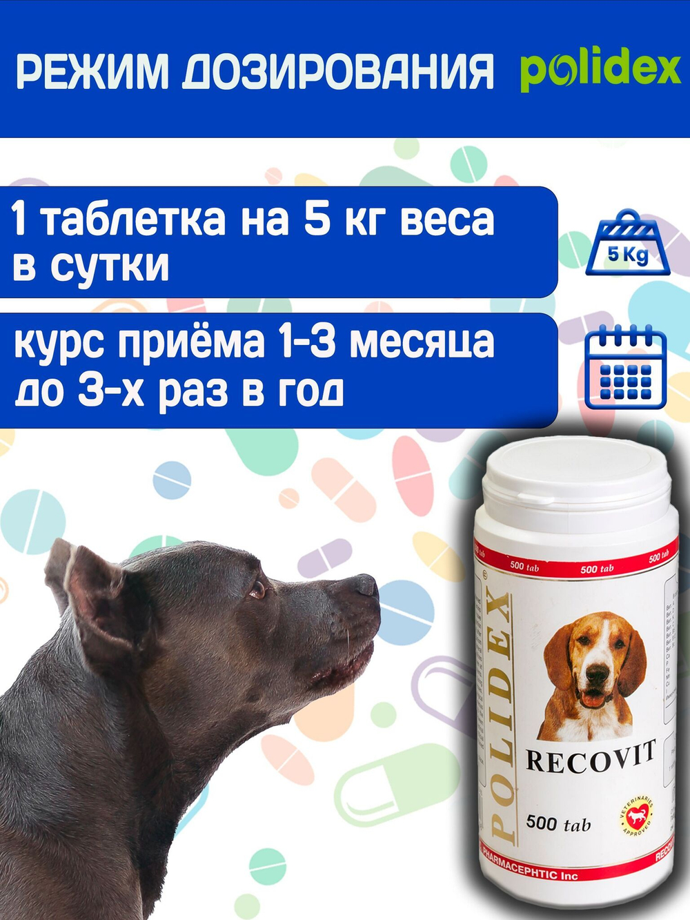 Polidex Recovit для собак, Кормовая добавка для восстановления организма после операций, травм, больших потерь крови, Полидекс Рековит, 150 таб
