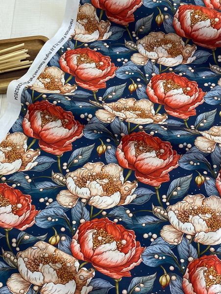 КРАСНЫЕ РОЗЫ  И ЖЕМЧУГ  НА ГЛУБОКОМ СИНЕМ ФОНЕ 100% хлопок, Handmade Fabrics 1
