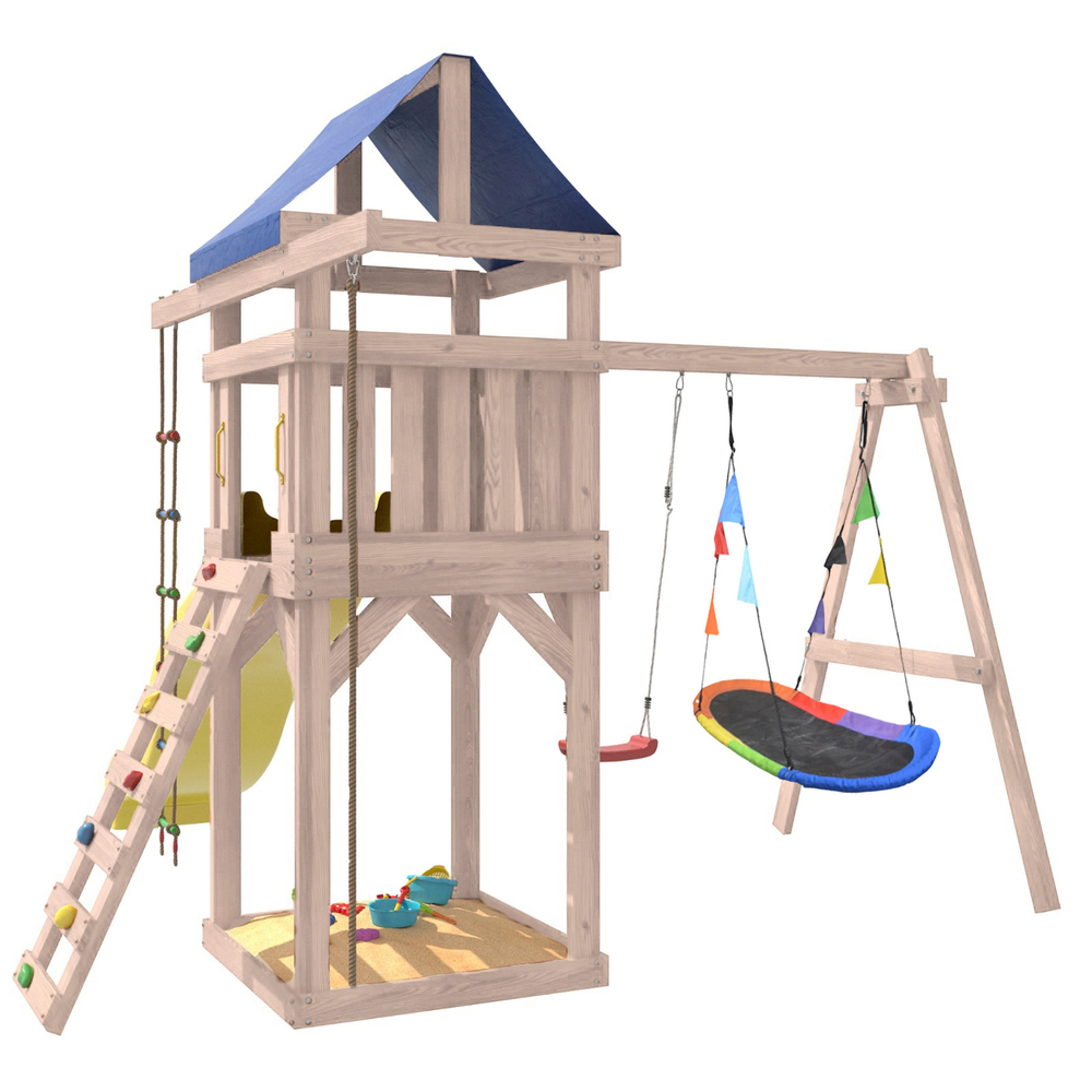 Детская площадка неокрашенная с качелями лодочка и овальным разноцветным гнездом IgroWoods для улицы и дачи