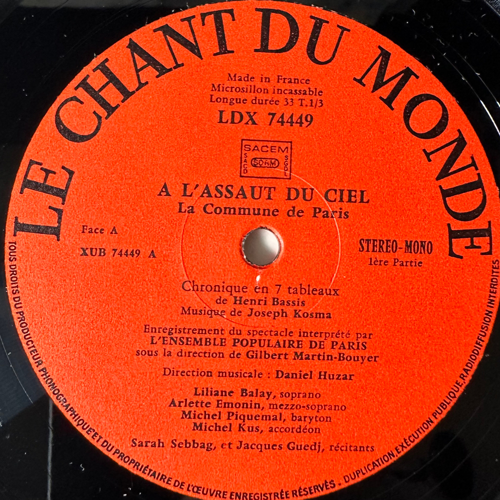 Joseph Kosma / Ensemble Populaire De Paris ‎– A L'assaut Du Ciel - La Commune De Paris (Франция 1971г.)