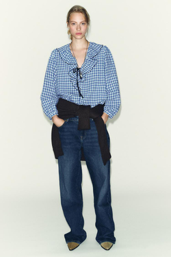 ZARA БЛУЗА В КЛЕТКУ ВИШИ С ВОЛАНАМИ, СИНИЙ/БЕЛЫЙ