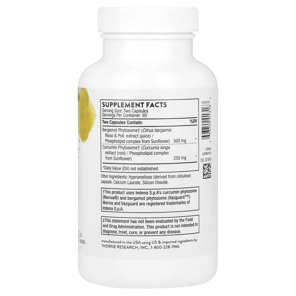Thorne, средство для здорового обмена веществ с бергамотом и куркумой, 120 капсул