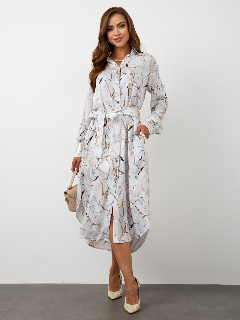 Платье-рубашка с мраморным узором из вискозы
