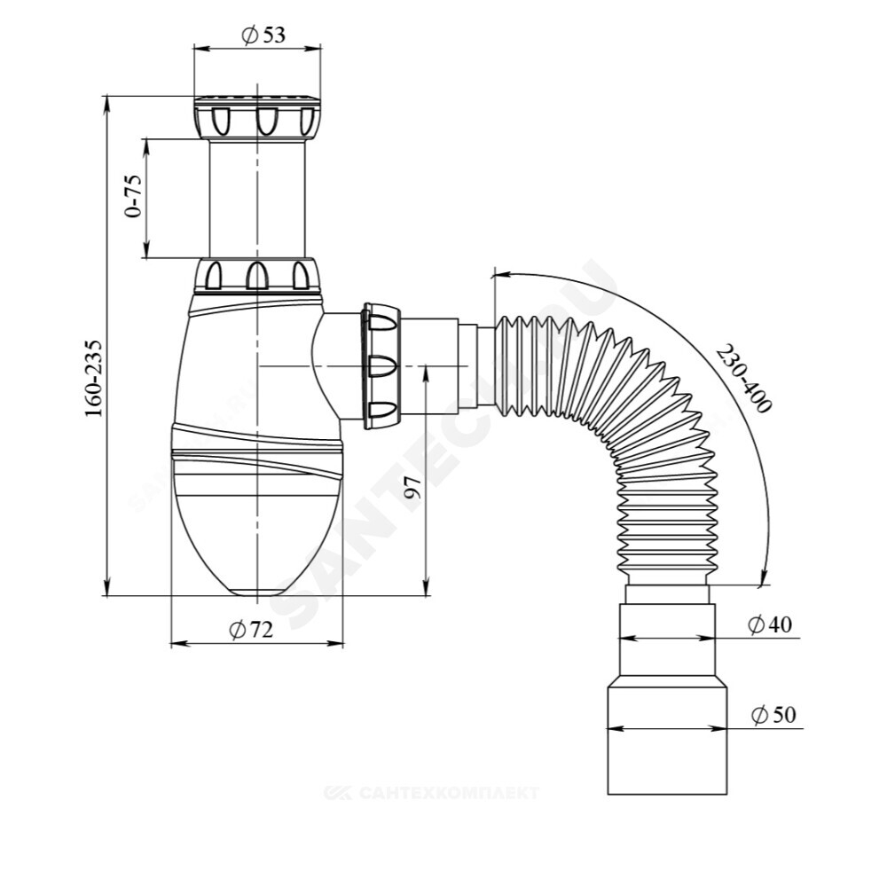Сифон для умывальника бутылочный 1 1/2"x40 с гофрой 40х40/50 Unicorn А420