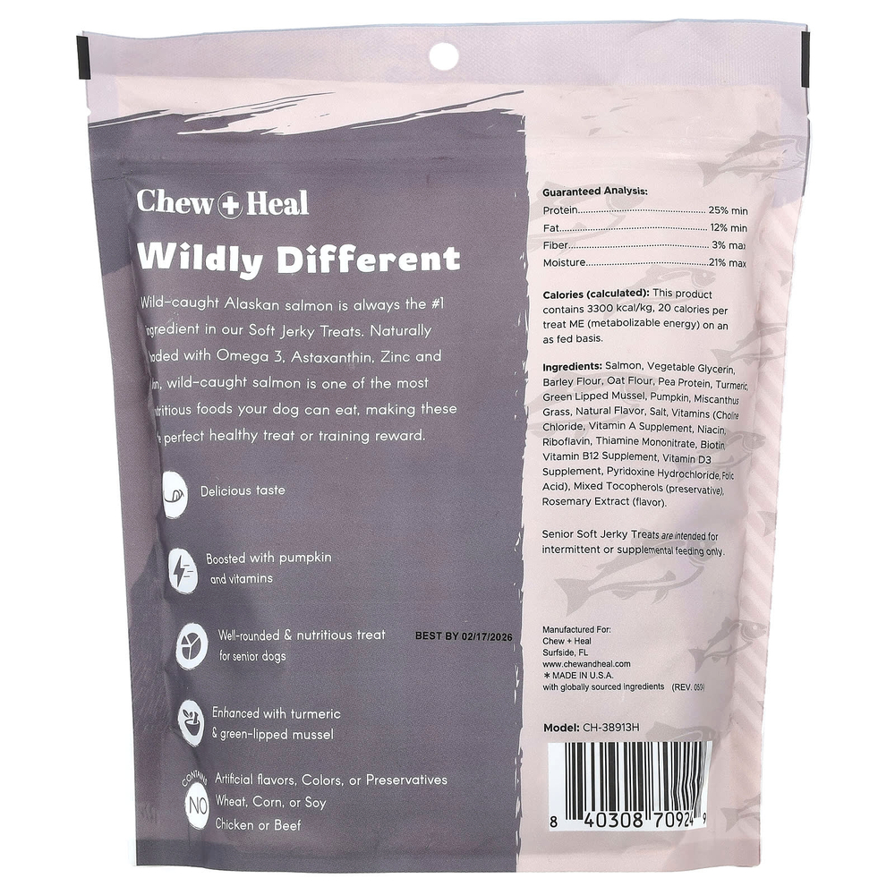 Chew + Heal, Мягкое вяленое лакомство для пожилых людей, для собак, с лососем, 340 г (12 унций)