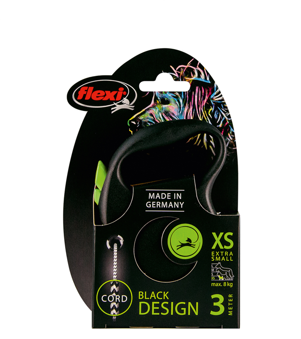 Поводок-рулетка Флекси Black Design XS (до 8кг) 3м. трос черный/зеленый