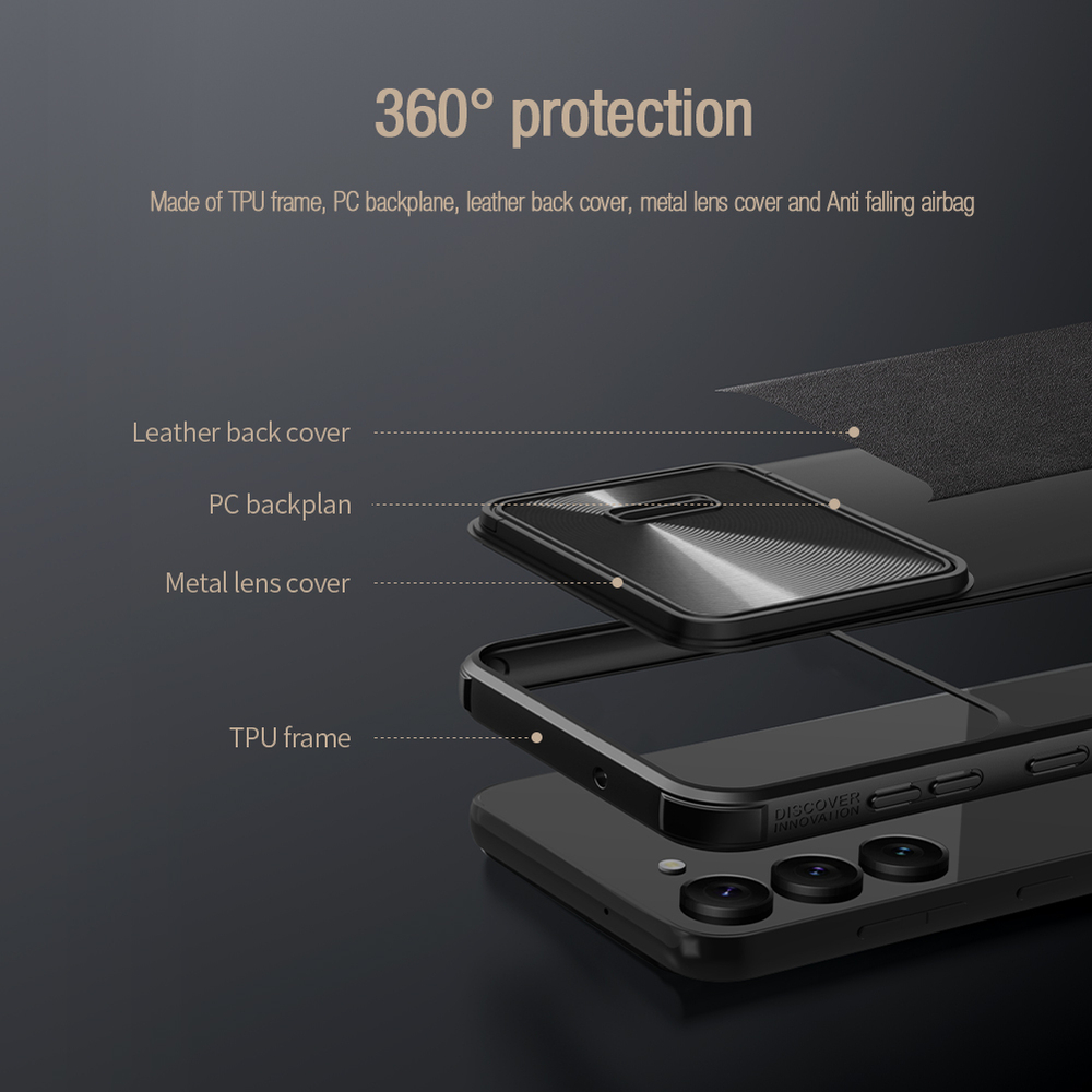 Чехол с вставками из кожи от Nillkin для Samsung Galaxy S23+ Plus, полуавтоматическая конструкция сдвижной крышки, серия CamShield Leather Case S