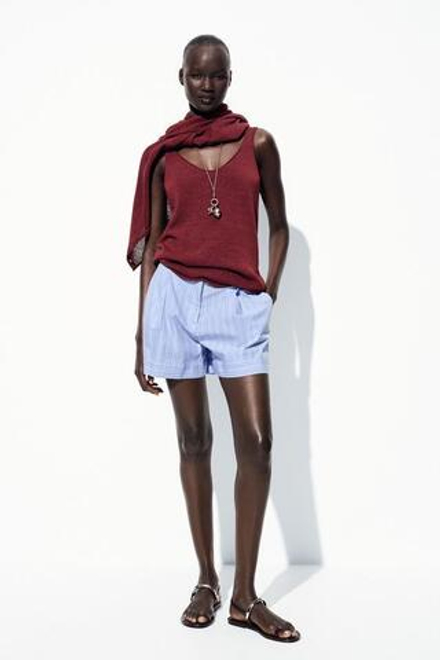 ZARA ШОРТЫ-БЕРМУДЫ В ПОЛОСКУ С ПОЯСОМ, ГОЛУБОЙ
