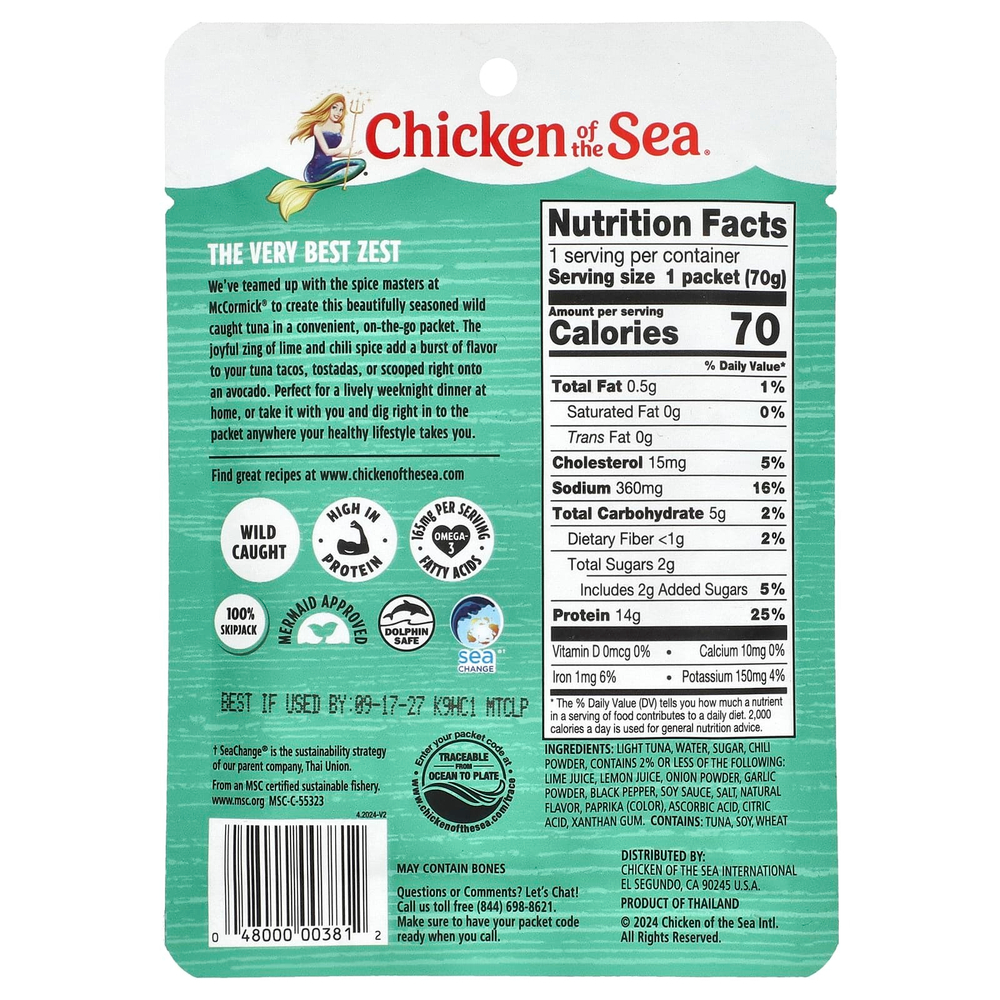 Chicken of the Sea, Дикий светлый тунец, чили и лайм, 70 г (2,5 унции)