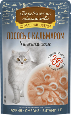ДЕРЕВЕНСКИЕ ЛАКОМСТВА Пауч для кошек c лососем и кальмаром в нежном желе 0,07 кг