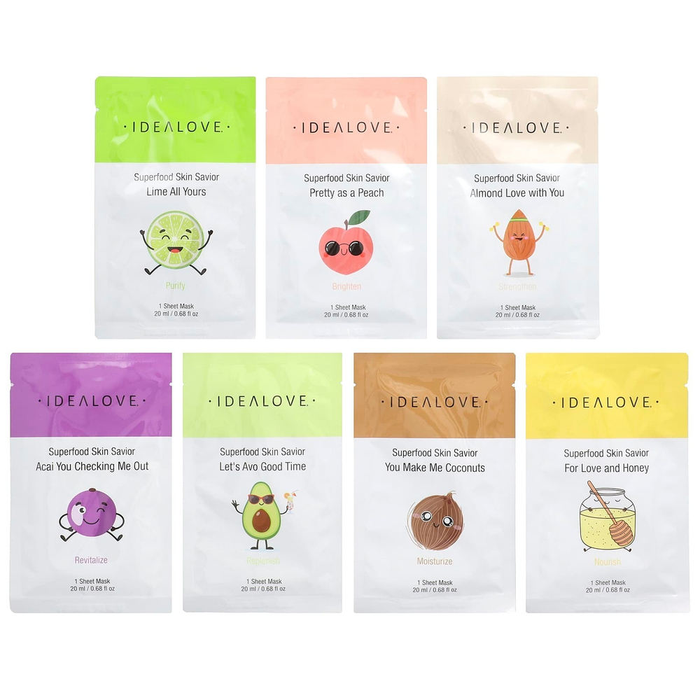 Idealove, Superfood Skin Savior, набор разных масок с суперфудами, 7 тканевых масок по 20 мл (0,68 жидк. унции)