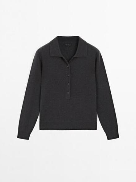 Massimo Dutti Трикотажный свитер поло из 100% кашемира, темно-серый