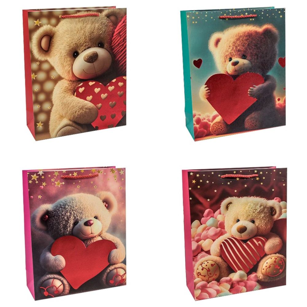Подарочный пакет «Мишка и сердце» в четрых дизайнах, 26х32х10 см