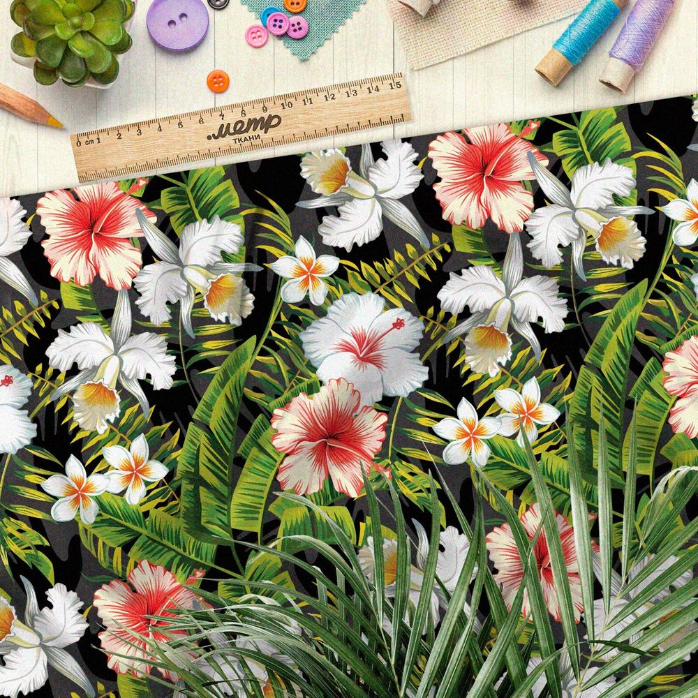 Ткань мембрана пёстрые цветы и папоротники на чёрном фоне