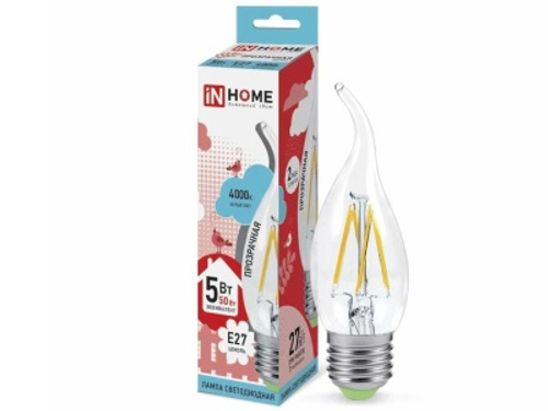 Лампа светодиодная IN HOME прозрачная колба LED-СВЕЧА НА ВЕТРУ 5W Е27 4000К 450Лм