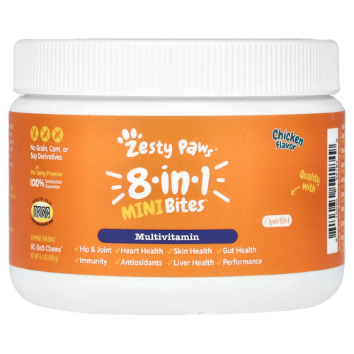 Zesty Paws, 8-в-1, мини-кусочки, для собак, курица, 90 жевательных таблеток, 180 г (6,3 унции)