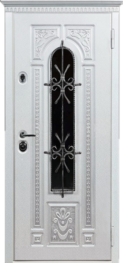 Входная дверь белая со стеклом и ковкой с отделкой ШПОН - 714