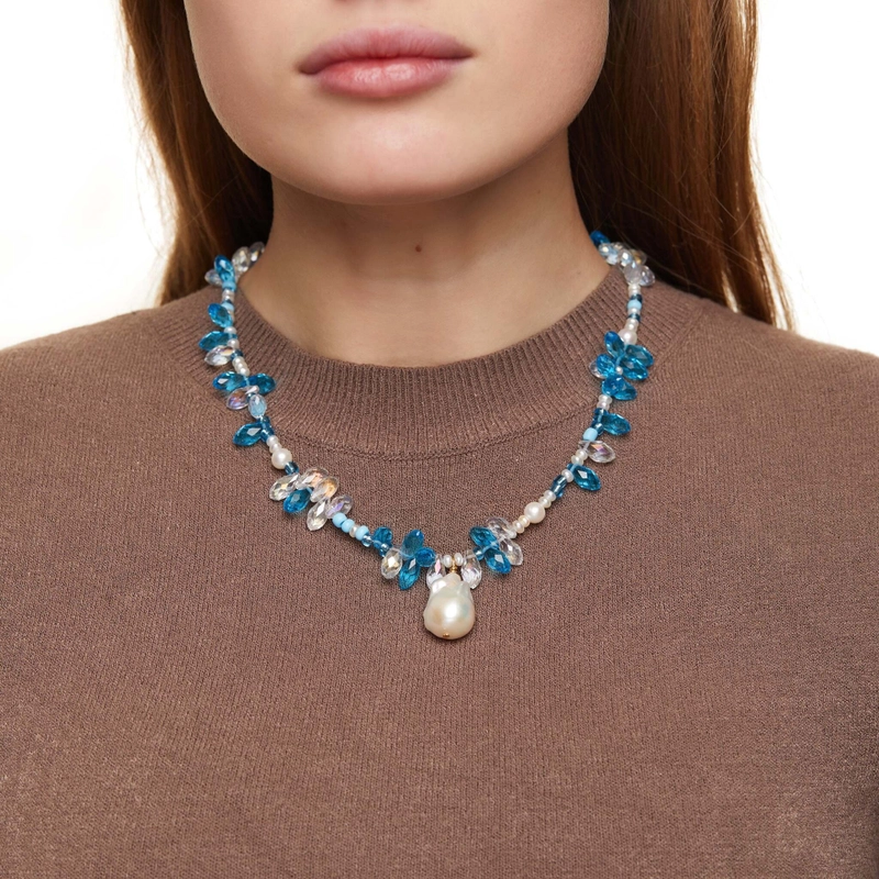Колье Синий Кристалл и Жемчуг