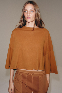 ZARA ФУТБОЛКА ИЗ ХЛОПКА И ЛЬНА, ЦВЕТ ЖЖЕНОГО АПЕЛЬСИНА