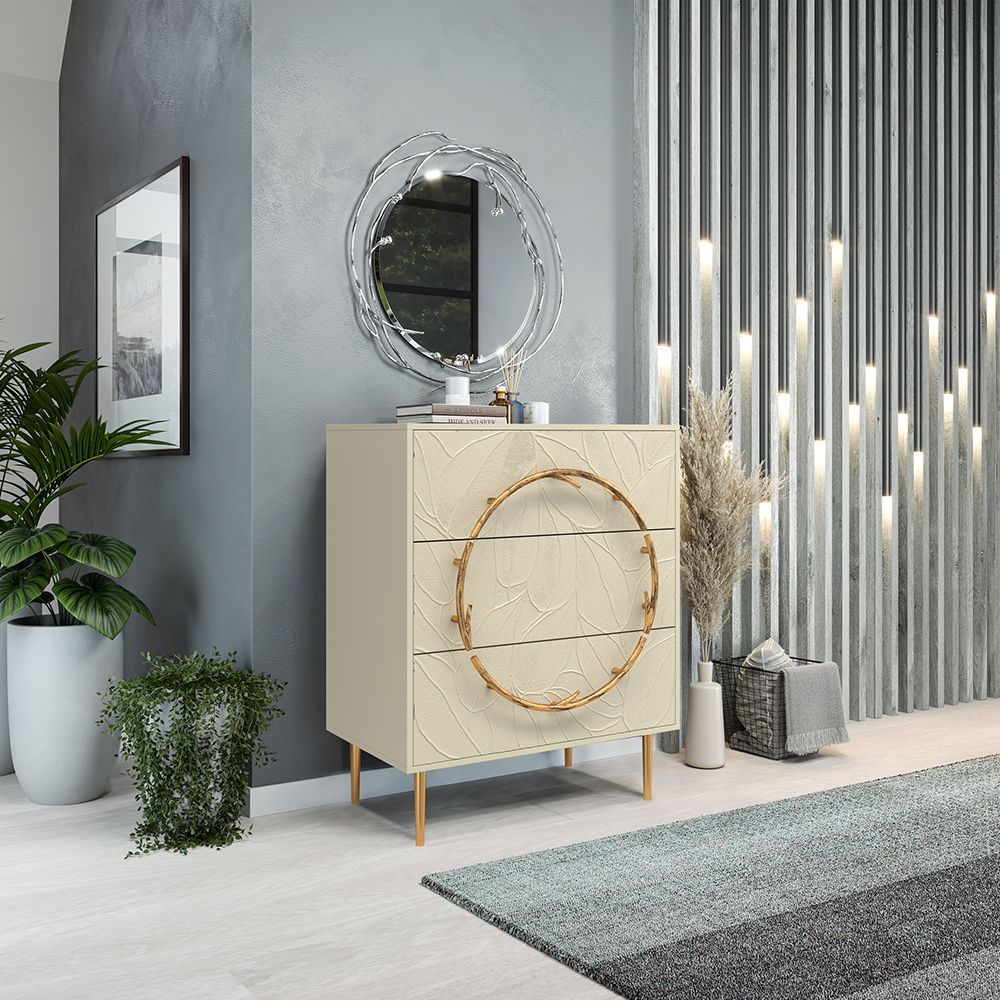 Комод Арт Колор leaves Стайл Голд с 3 ящиками Серый шелк