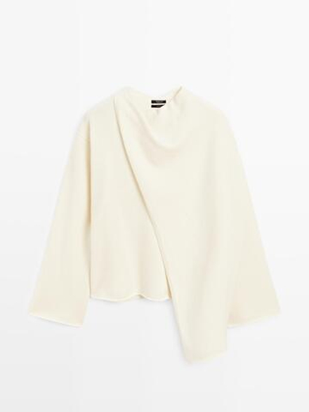 Massimo Dutti Свитер из 100% шерсти с шарфом, натуральный, кремовый