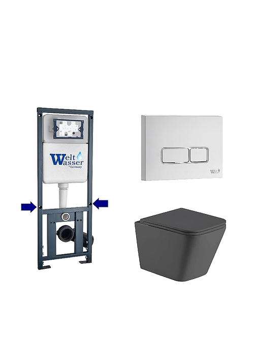 Унитаз подвесной WeltWasser WW GELBACH 10000012039 с крышкой микролифт, безободковый, смыв торнадо, в комплекте с инсталяцией, серый матовый