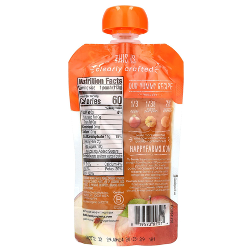 Happy Family Organics, Happy Baby®, органическое детское питание, для детей от 6 месяцев, яблоки, тыква и морковь, 113 г (4 унции)