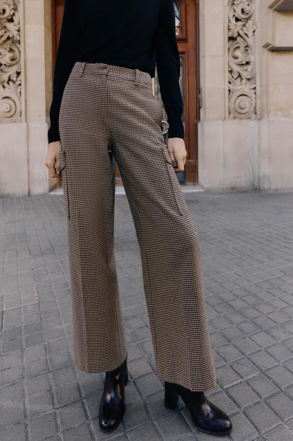 ZARA БРЮКИ КАРГО «ГУСИНАЯ ЛАПКА», ЧЕРНЫЙ/КОРИЧНЕВЫЙ